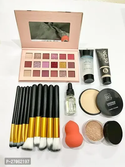 nude eyeshadow+primer+nc foundation+10pc black makeup brush+serum+compact+losse powder+puff