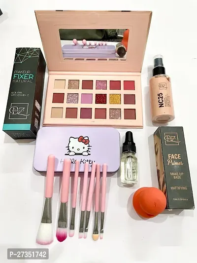 nude eyeshadow+fixer+pink kiti+serum+puff+pump primer+bottle foundation