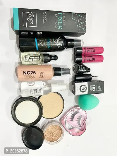 Combo of 11pc-(fixer+serum+bottle foundation+pump primer+compact powder+loose powder+eyelashes+puff+2lipstick+eyeliner)