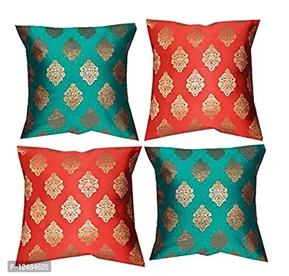 PINK PARROT Dupion Silk Cushion Covers (Red and Greenish-Blue, 12 x12 inch) - Set of 4