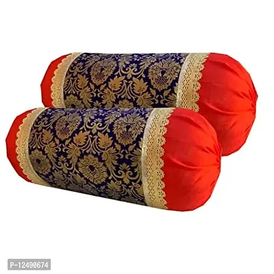 PINK PARROT Pinkparrot Jacquard Art Silk Multicolour Bolster 16x30 inch Set of 2 pcs-aa042-thumb0