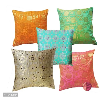 VIREO Dupion Silk Cushion Cover - Set of 5 (Multicolor, 16x16 Inch)