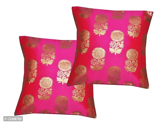 PINK PARROT Self Flower Pattern Design Jacquard Square Cushion Cover (Pink, 16X 16) - Set of 2