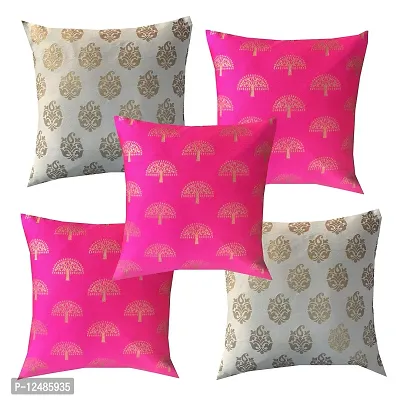 Pink parrot- Jacquard Silk Off White and Pink Square Cushion Cover 16x16 inch-Set 5 pcs