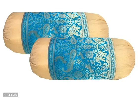 PINK PARROT Pinkparrot Jacquard Art Silk Multicolour Bolster 16x30 inch Set of 2 pcs-aa035