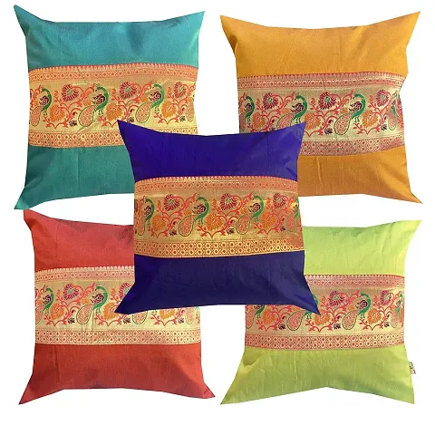 Pink parrot- Jacquard dopian Silk Multi Colour Cushion Cover 16x16 inch-Set 5 pcs