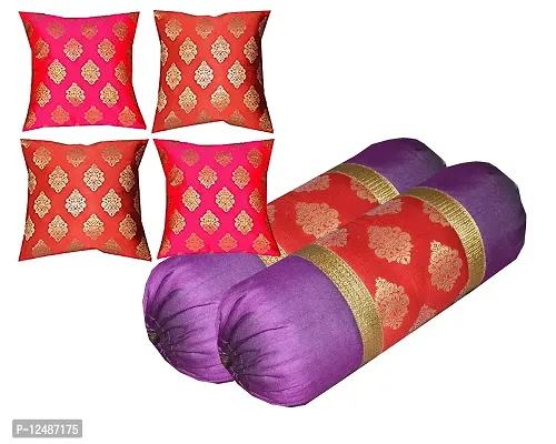 PINK PARROT 16x16 inch Set of 4 Dupion Silk Cushion Cover and 12x26 inch Set of 2 Pieces Bolster Combo Set