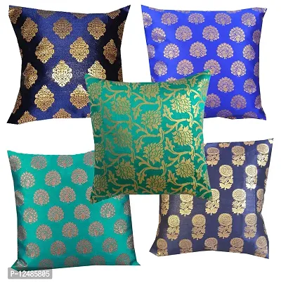 PINK PARROTDopian Silk Polyester Blend Cushion Covers -16 X16 Inch, Nevy and Greenish Blue Colour,Set of 5