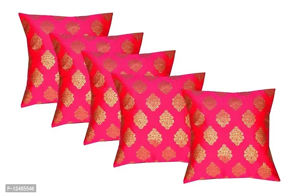 pink parrot Durable Dopian Silk Decorative Jacquard Cushion Cover Sofa Chair Seat Pillowcase (Pink, 40x40 cm) -Set Of 5 Pcs