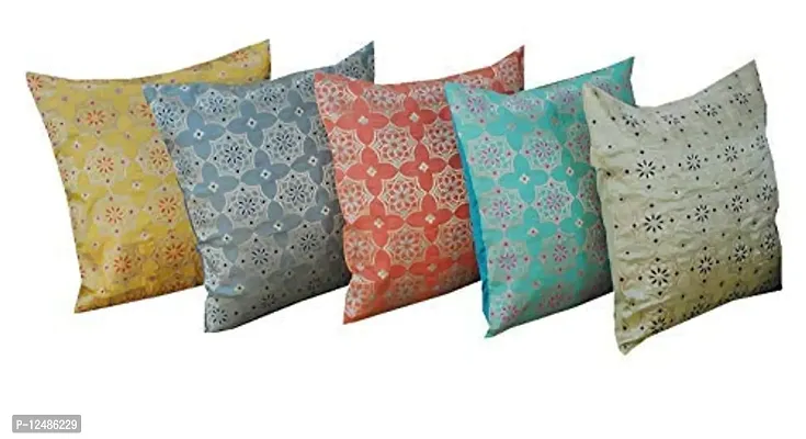 VIREO Art Silk Cushion Cover with Zipper (Multicolour, 12X12-inch) Set of 5-thumb0