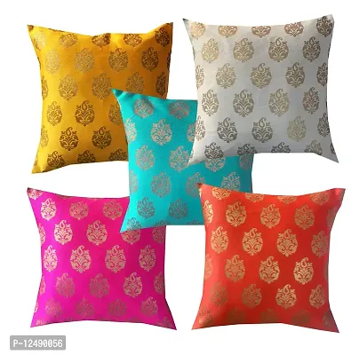 PINK PARROT Jacquard Silk Square Cushion Cover (Multicolour, 16x16 inch), Set 5 pcs