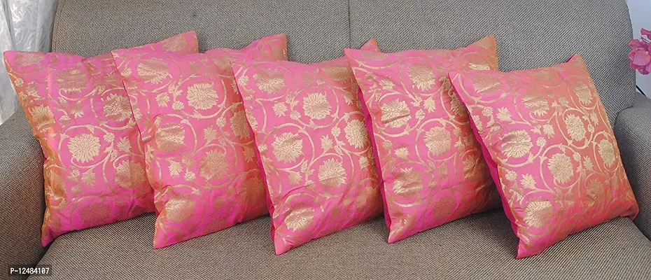 PINK PARROT Polyester Blend Self Design Jacquard Square 16x 16 Inches Cushion Cover -Multicolour-Set of 5-thumb5