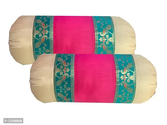 PINK PARROT Pinkparrot Jacquard Art Silk Multicolour Bolster 16x30 inch Set of 2 pcs-aa022