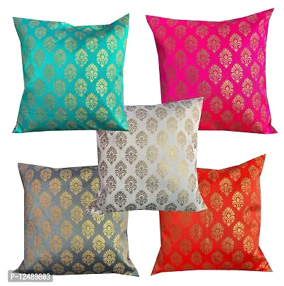 VIREO Pink Parrot Silk Fabric with Gold Print 12X12 inch Cushion Cover (Orange)-thumb0
