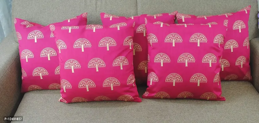 VIREO Dupion Silk Cushion Cover with Zipper- Set of 5 (Pink, 12x12 Inches)-thumb2