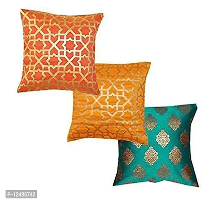 PINK PARROT Dopian Silk All Bright Colour Mix Cushion Covers Set of 3 (12x12-inch, Red, Orange and Blueish Green)