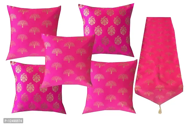 Pink parrot- Jacquard dopian Silk Multi Color Cushion Cover 5 pcs 16x16 inch and 1 pc Table Runner 12x70 inch-0AA141