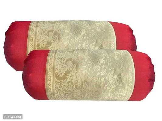 PINK PARROT Pinkparrot Jacquard Art Silk Multicolour Bolster 16x30 inch Set of 2 pcs-aa043