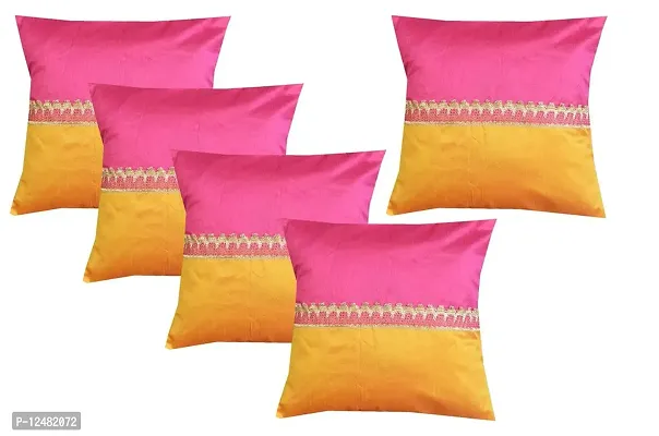 VIREO Fabric Throw Pillow/Cushion Covers (Plain Pink and Yellow Colour with Golden Less, 12 x 12 Inchs) -Set of 5 Pieces