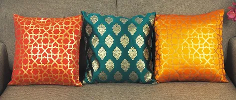 PINK PARROT Dopian Silk All Bright Colour Mix Cushion Covers Set of 3 (12x12-inch, Red, Orange and Blueish Green)-thumb3