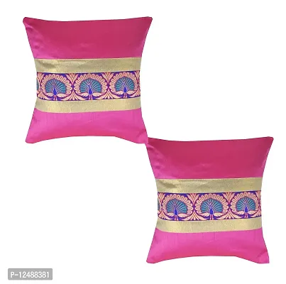 PINK PARROT Silk Embroidery Plain Printed Decorative Square Throw Pillow (Pink, 16x16 inch) -Set of 2