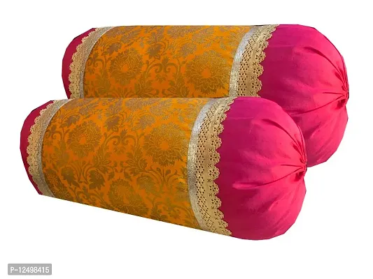 PINK PARROT Pinkparrot Jacquard Art Silk Multicolour Bolster 16x30 inch Set of 2 pcs-aa030-thumb0