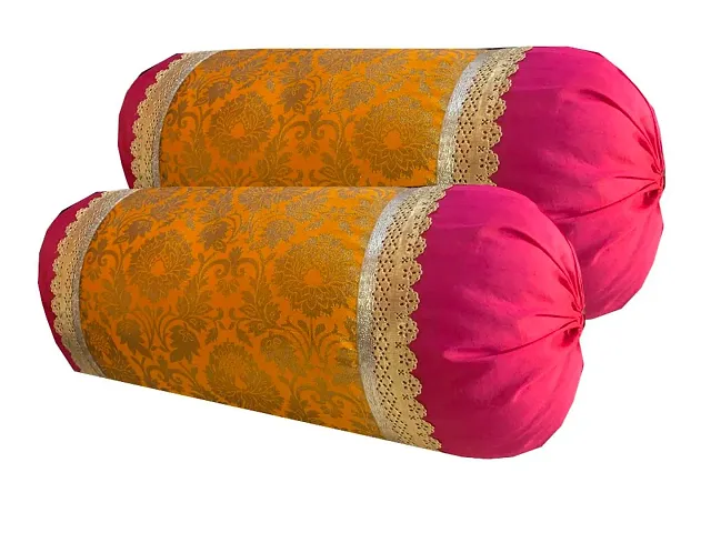 PINK PARROT Pinkparrot Jacquard Art Silk Bolster 16x30 inch Set of 2 pc