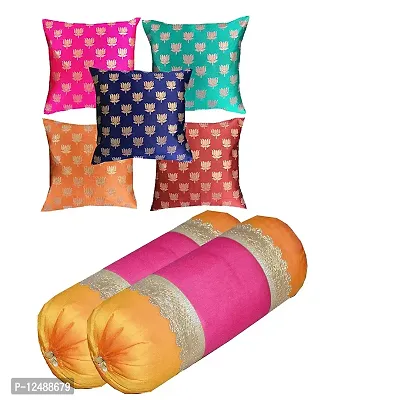 PINK PARROT Silk 30x16 inch/74x40 cm Bolster Cover Set of 2 Pieces and 16x16 inch Cushion Cover with Zipper, 5 Pieces, Only Cover no Filler-thumb0