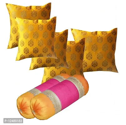 PINK PARROT Set of 2 Pieces 30x16 inches/74x40 cm Silk Bolster Cover and 5 Pcs 16x16 inch Cushion Covers with Zipper