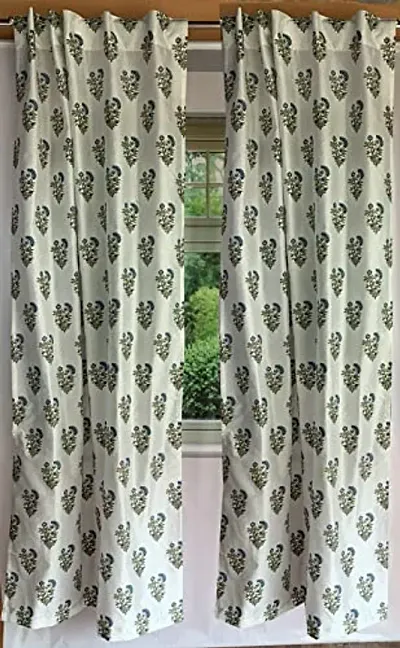 PINK PARROT Pinkparrot White Base dupian Silk with Jaipur Block Print 4ft x 5 ft Window Curtain Set of 2 pcs-091