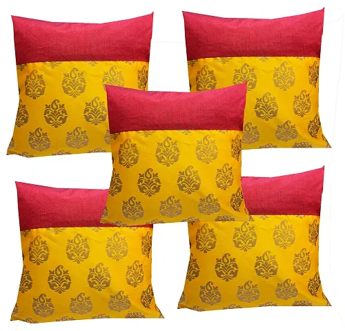 VIREO Gold Print Silk Cushion Cover - (16x16-inch, Multicolour) - Set of 5