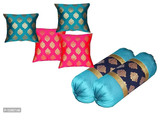 PINK PARROT Dupian Silk 16x16 Inch Set of 5 Cushion Cover and 12x26 inch Set of 2 Pieces Bolster Combo Set