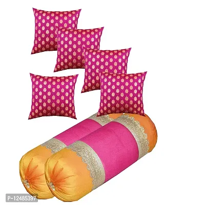 PINK PARROT Silk Set of 2 Pieces 30x16 Inches Bolster and 16x16 Inch 5 Pieces Cushion Cover with Zipper-thumb0