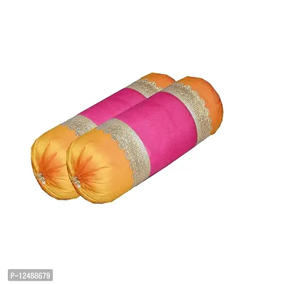 PINK PARROT Silk 30x16 inch/74x40 cm Bolster Cover Set of 2 Pieces and 16x16 inch Cushion Cover with Zipper, 5 Pieces, Only Cover no Filler-thumb2