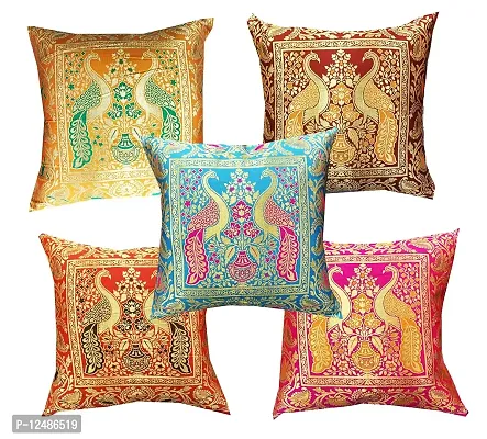 Pink parrot- Jacquard dopian Silk Multi Colour Cushion Cover 16x16 inch-Set 5 pcs-thumb0