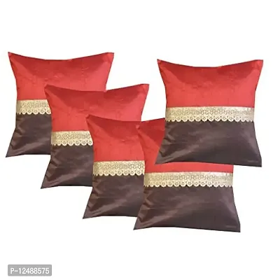 VIREO Silk 12x12-inch Plain Throw Pillow/Cushion Covers (Red and Brown with Golden Less) -Set of 5 Pieces-thumb0