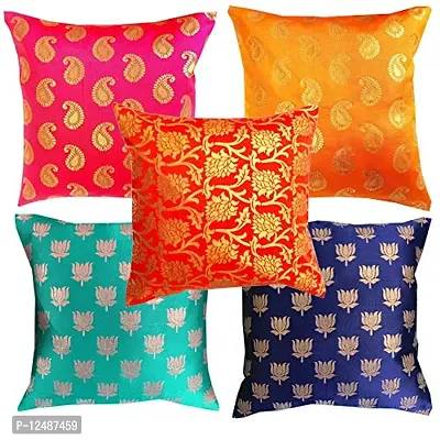 Pink Parrot- Art Silk Multi Colour-Cushion Cover with Zipper 16x16 inch-Set of 5 pcs-thumb0