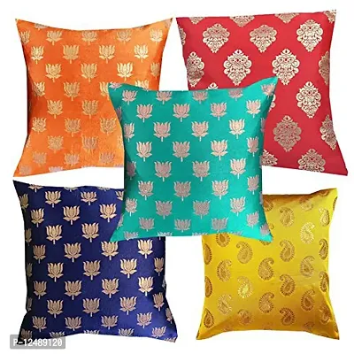 VIREO- Art Silk Jacquard/dopian Silk Multi Colour Cushion Cover 12x12 inch-Set 5 pcs-thumb0