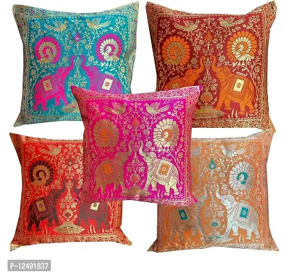 PINK PARROT Dopian Silk Throw Pillow Covers/Cushion Covers ( Multicolour, 16x16 inches) - Set of 5