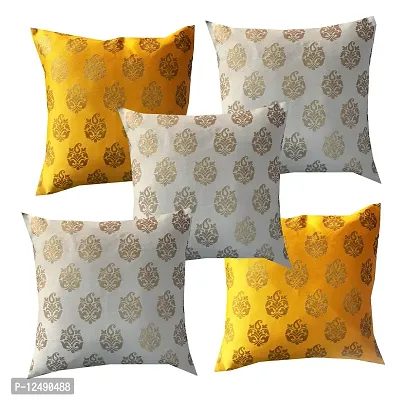 Pink parrot- Jacquard Silk Off White and Yellow Square Cushion Cover 16x16 inch-Set 5 pcs-thumb0