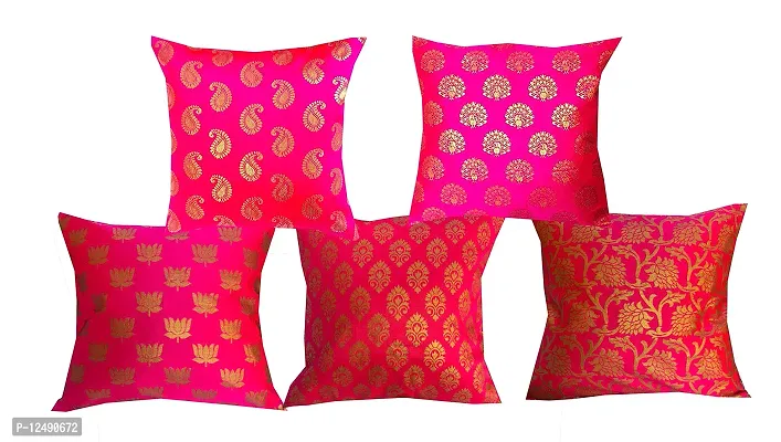 Pinkparrot Jacquard Pink Colour Throw Pillow Covers/Cushion Covers -16x16 inch-Set of-5 d016-thumb0