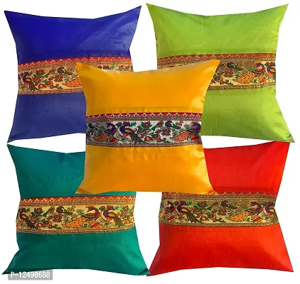 Pink parrot- Jacquard dopian Silk Multi Colour Cushion Cover 16x16 inch-Set 5 pcs-thumb0