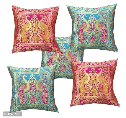 Pink parrot- Jacquard dopian Silk Multi Colour Cushion Cover 16x16 inch-Set 5 pcs