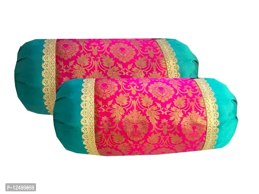 PINK PARROT Pinkparrot Jacquard Art Silk Multicolour Bolster 16x30 inch Set of 2 pcs-aa038