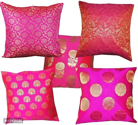 VIREO Silk Cushion Cover with Zipper (12X12-inch, Pink) - Set of 5-thumb0