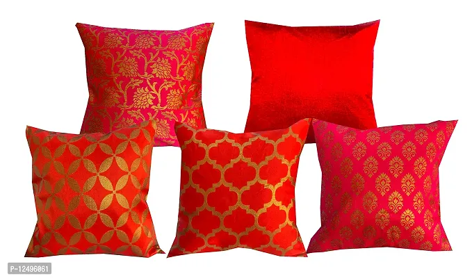 Pinkparrot Jacquard Red Colour Throw Pillow Covers/Cushion Covers -16x16 inch-Set of 5-d08