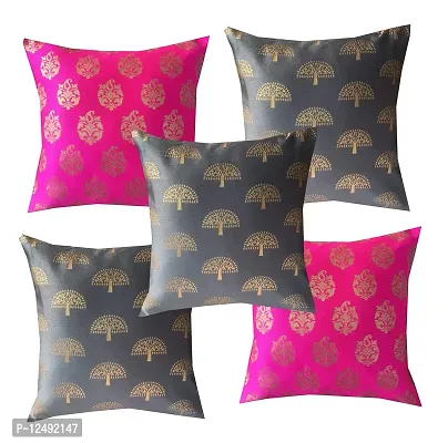Pink parrot- Jacquard Silk Grey and Pink Square Cushion Cover 16x16 inch-Set 5 pcs