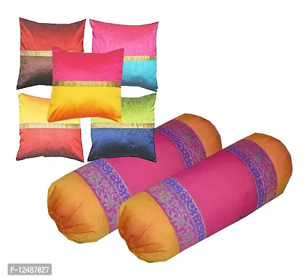 Pink parrot- Dupian Silk- Cushion Cover (12x12 inch Set of 5) and Bolster (12x26 inch Set of 2 pc)-Combo Set