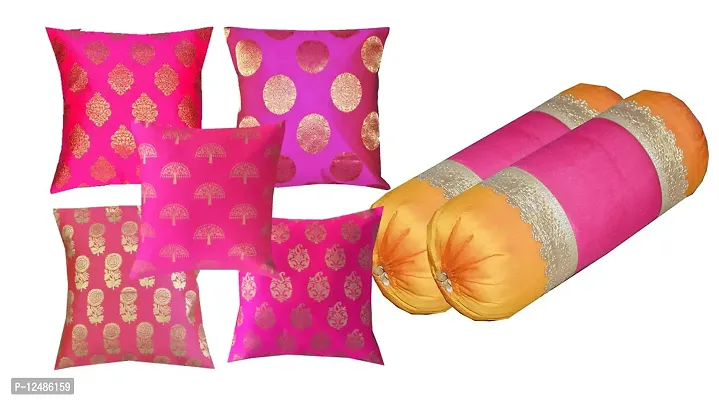 Pink parrot- Jacquard dopian Silk Multi Color Cushion Cover 5 pcs 16x16 inch Cushion Cover and 2 pcs Bolster Cover 16x30 inch