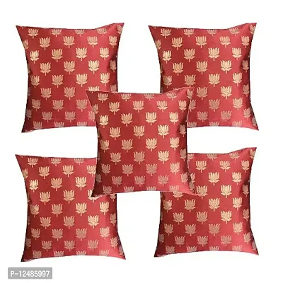VIREO Red Lotus Silk Jacquard Cushion Cover (16x16-inch; Multicolour) -Set of 5